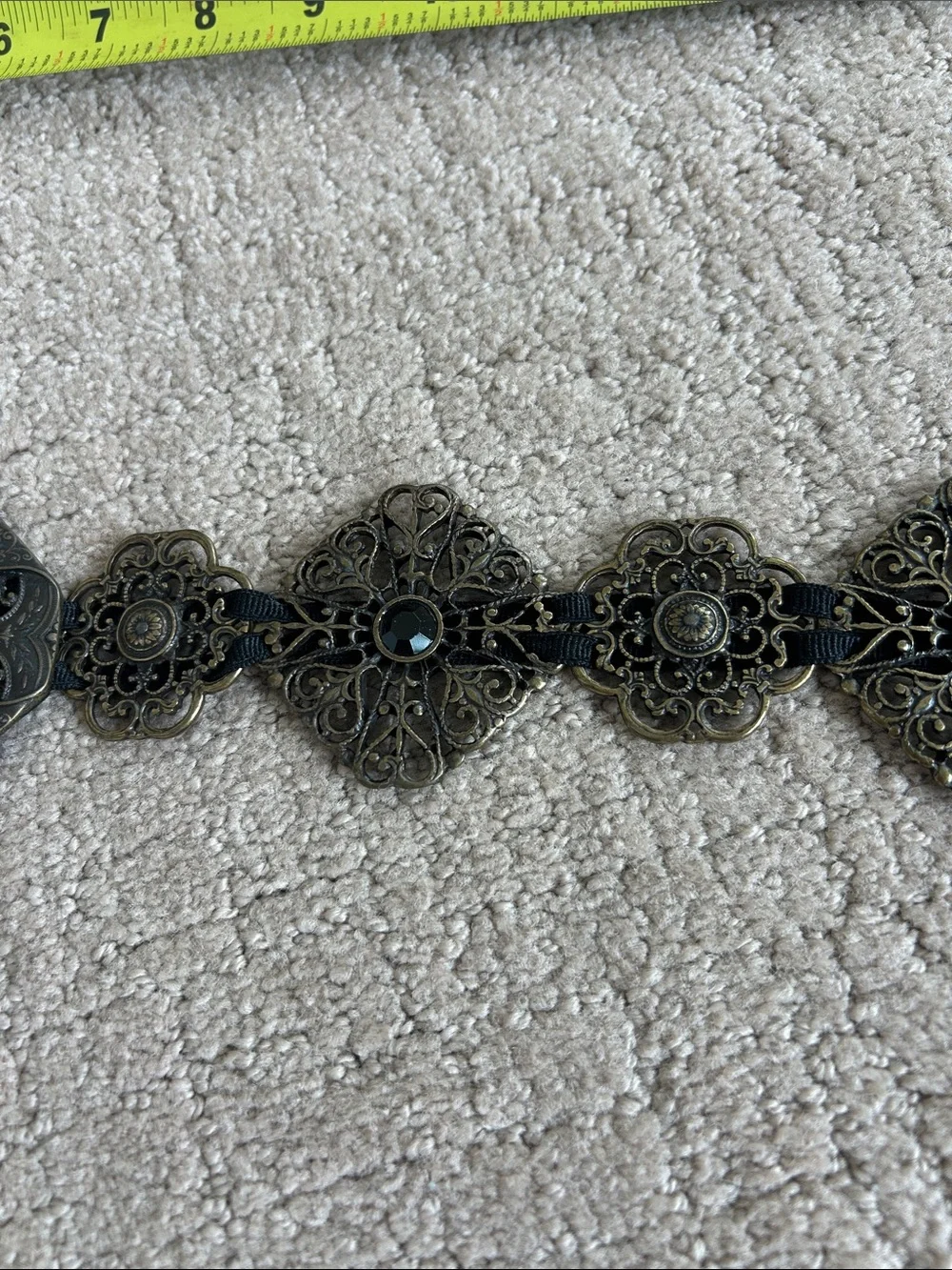 Suzi Roher Black and Antique Gold Filigree Wide Statement Belt